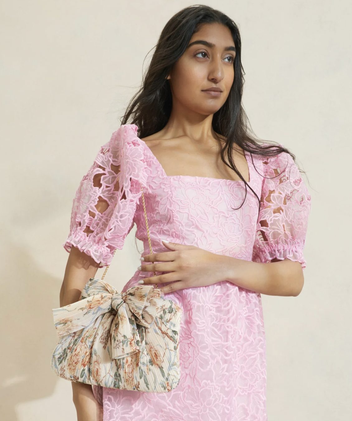 Rayne Cream Floral Bow Clutch Handbag by Loeffler Randall