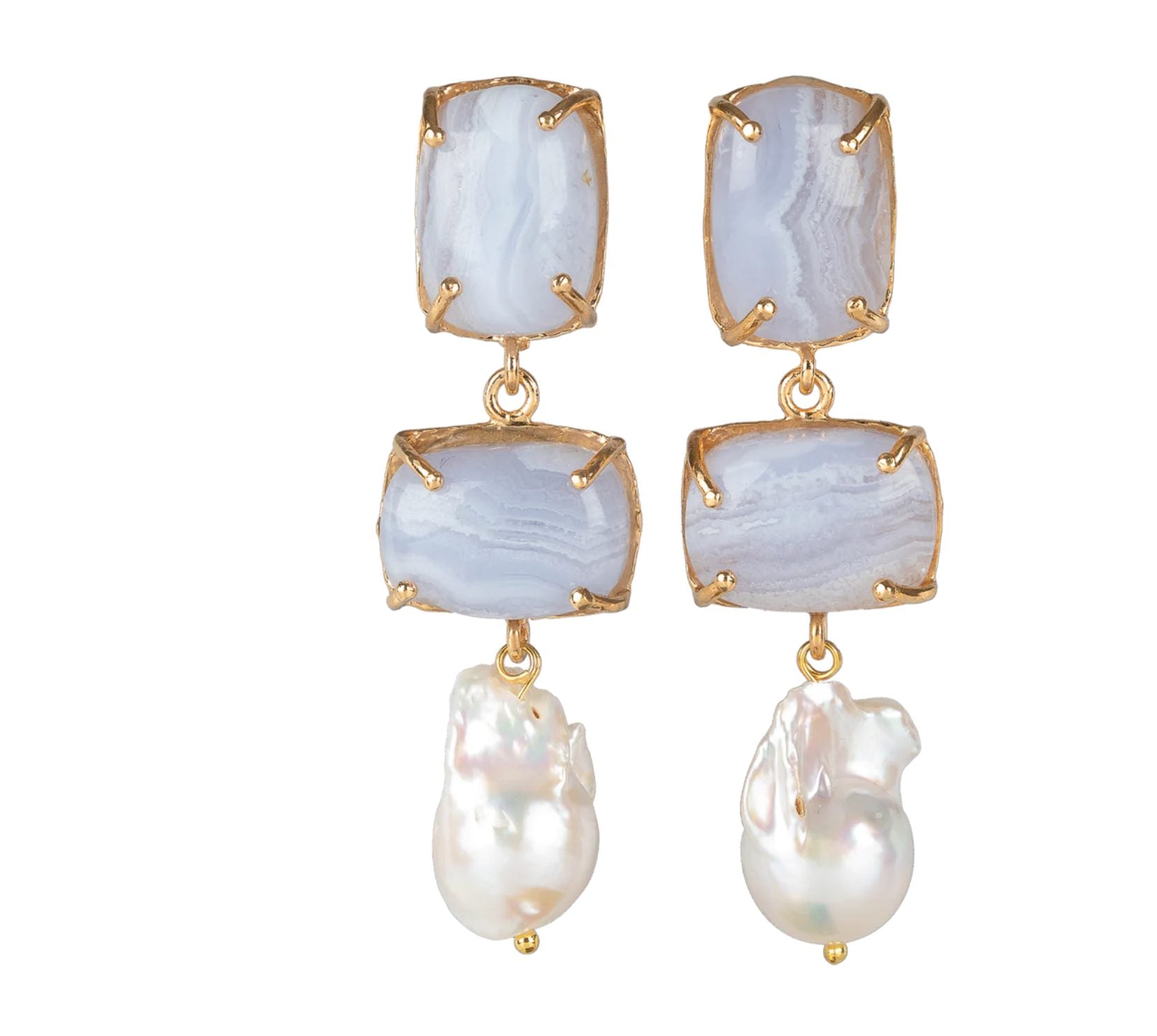 Blue Agate & Baroque Pearl Loren earrings by Christie Nicolaides