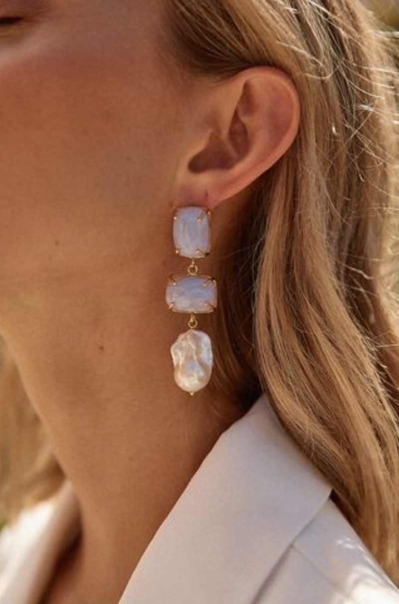 Blue Agate & Baroque Pearl Loren earrings by Christie Nicolaides