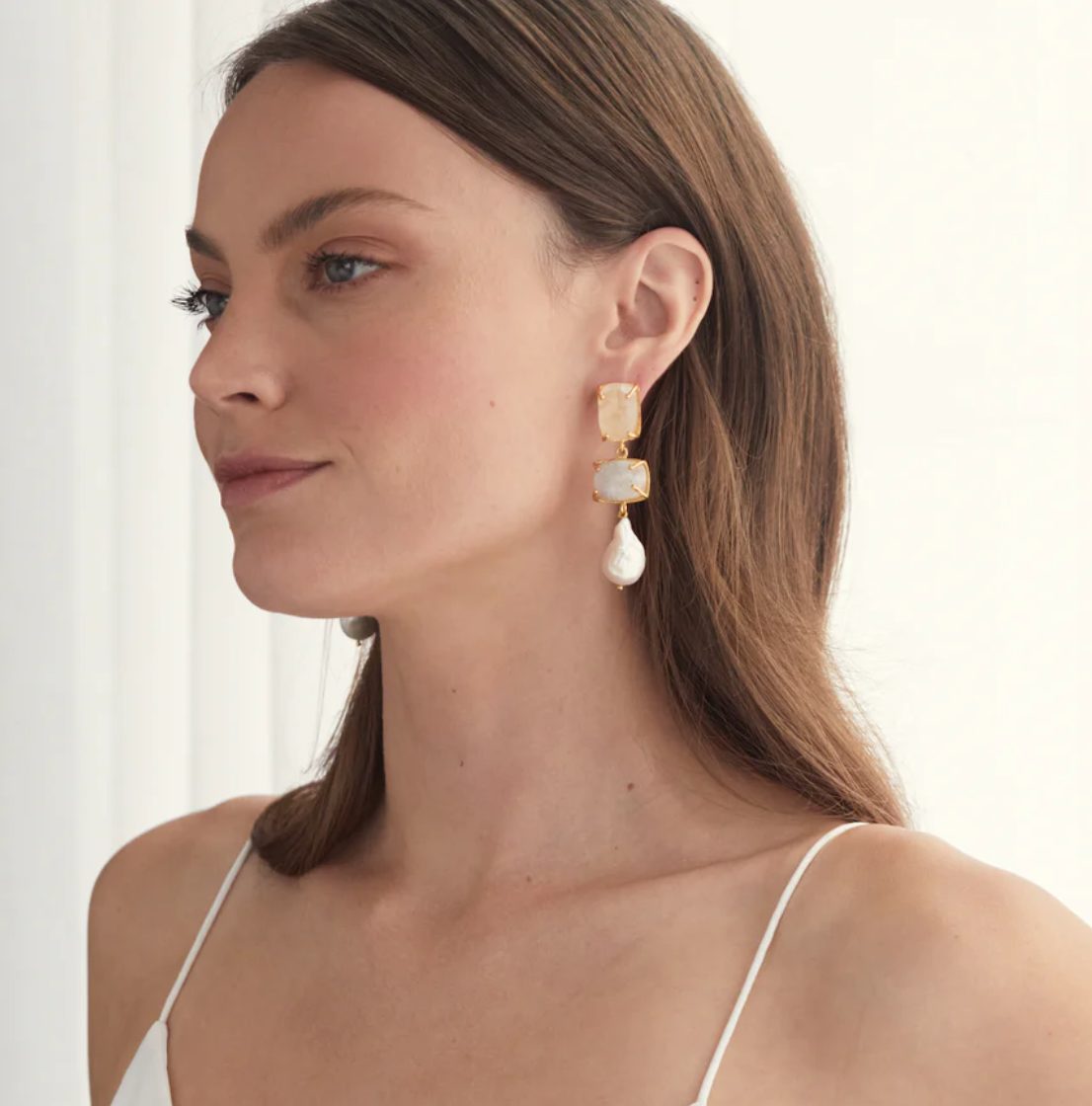 White Moonstone & Baroque Pearl Loren earrings by Christie Nicolaides