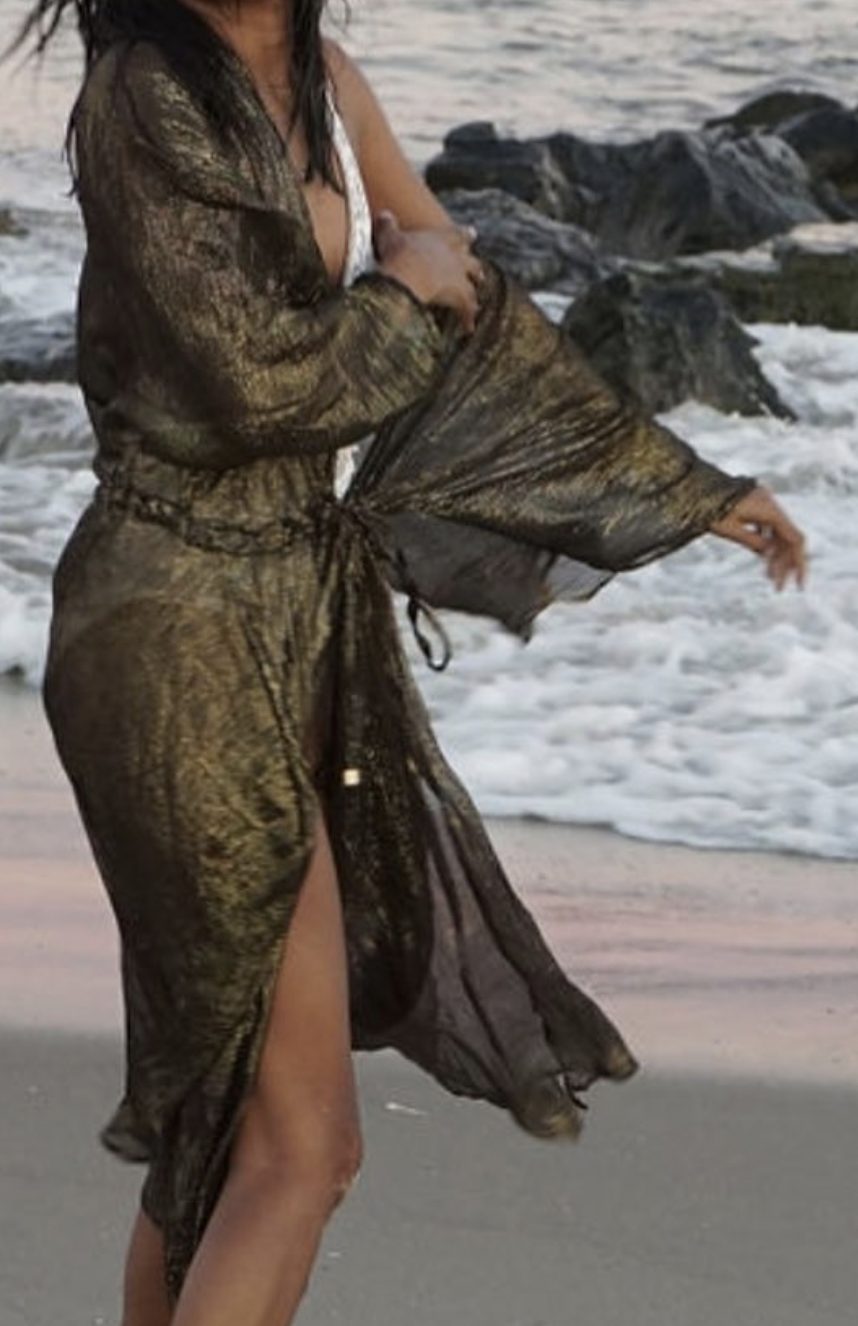 The Vivian Silk Kimono in Gold Metallic By Mona Swims