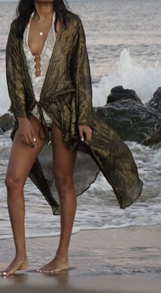 The Vivian Silk Kimono in Gold Metallic By Mona Swims